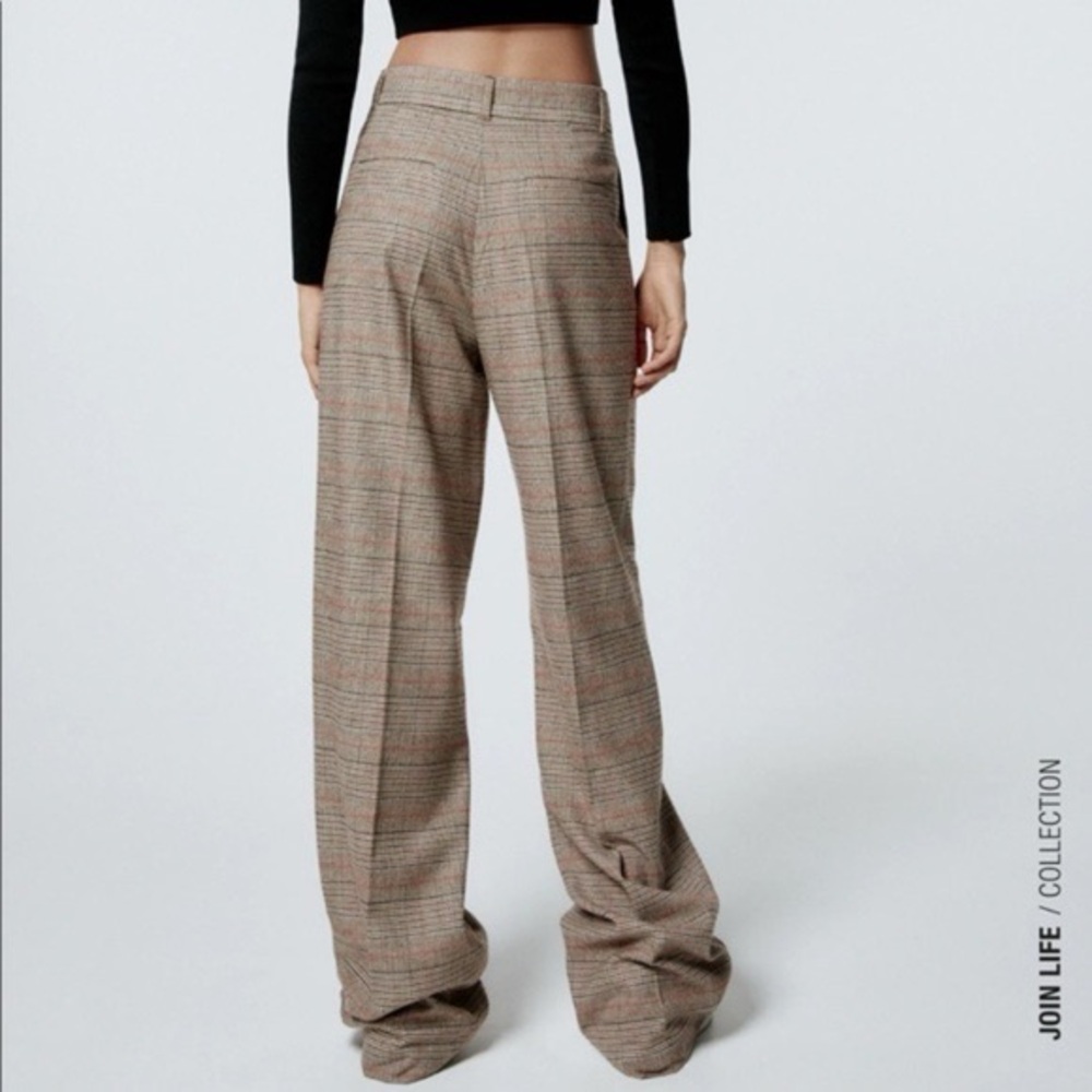Zara Women’s High Rise Plaid Brown Cream Orange Black Wide Leg Dress Pants